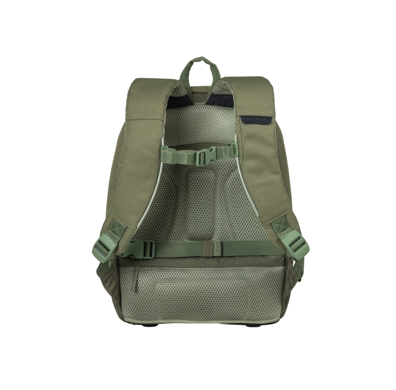 Cykeltaske fra BASIL model B-Safe Commuter  Nordlicht. Farve: Olive, dim. 41x14x32cm, vol. 17 L, Indbygget USB port, LED lys m.m.